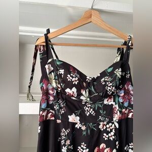 NWT** Commense Floral‎ Black Midi Dress Tie Tiered Milkmaid